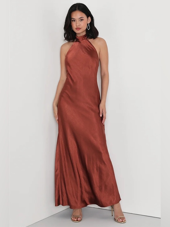 Lulus Dresses & Skirts - Lulus Love in Your Life Rust Brown Satin Halter Maxi Dress Open Back Gown S NWT